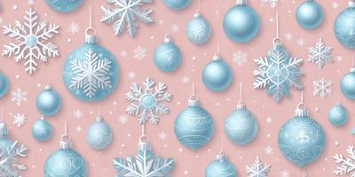 The primary subject of the image is a collection of snowflake ornaments, which are blue and white in color. These ornaments are arranged in a pattern, creating a visually appealing and festive display. The setting is a pink background, which adds a warm and inviting touch to the scene. The visual style of the image is a combination of digital art and illustration, resulting in a well-crafted and detailed representation of the snowflake ornaments. The overall atmosphere of the image is one of celebr